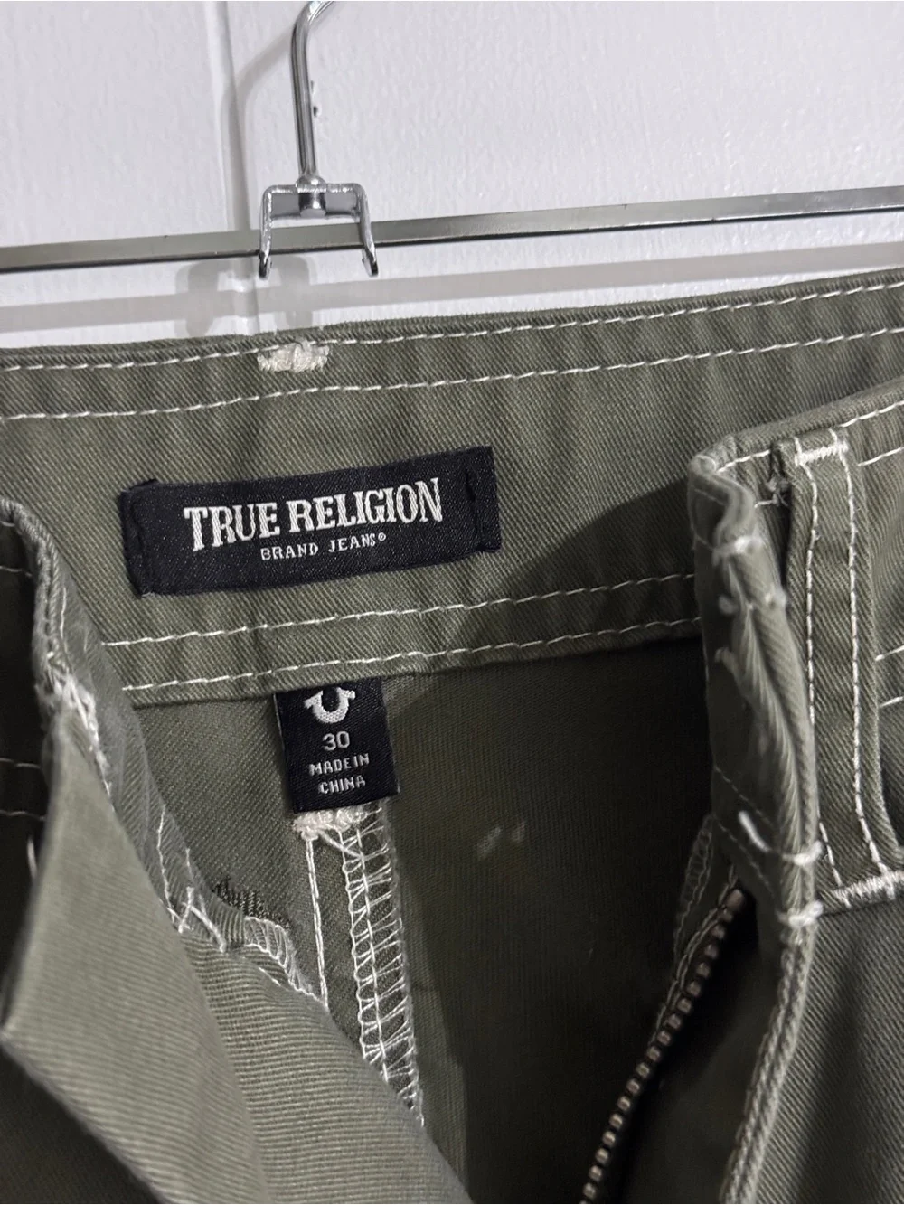 True Religion Olive Green Cargo Pants 30 Cotton Twill Regular Fit Button Zip